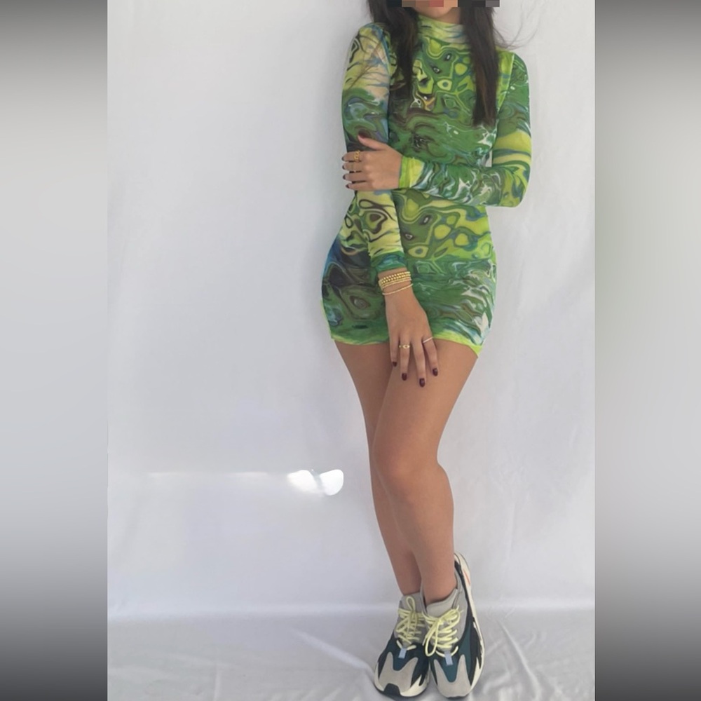 Green Patterned Long Sleeve Mesh Dress